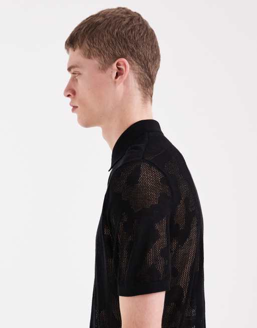 ASOS DESIGN – Relaxed-Fit-Polohemd aus Netzstrick in Schwarz mit Leopardenmuster, 5 von 5