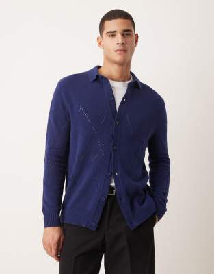 Relaxed-Fit-Polohemd aus Pointellestrick in Marineblau mit durchgehender Knopfleiste Marineblau XL
