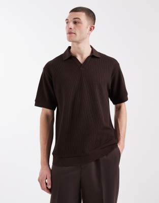 Relaxed-Fit-Polohemd aus schwerem Stoff in Braun mit Waffelstruktur-Brown Brown 2XL