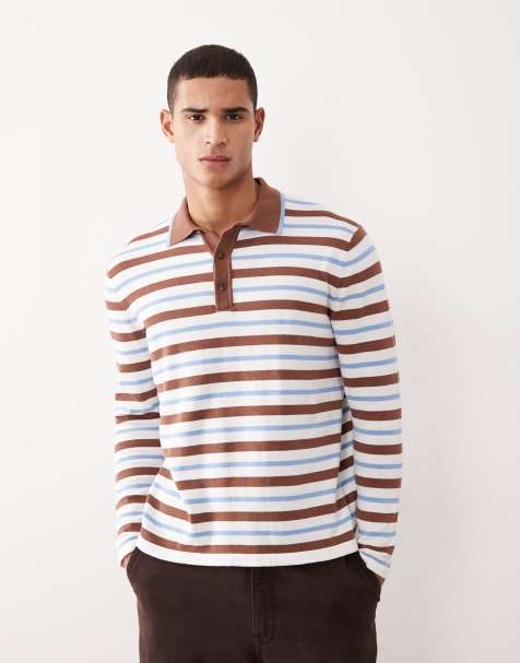 ASOS DESIGN – Relaxed Fit Polohemd aus Strick in Ecru mit Streifen in Braun und Blau - view 1