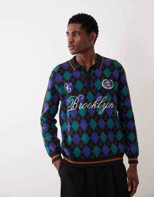 Relaxed-Fit-Polohemd aus Strick mit Argyle-Karos in Blau und Schwarz und „Brooklyn"-Stickerei-Bunt Bunt M