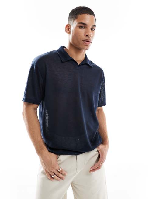 ASOS DESIGN – Relaxed-Fit-Polohemd in Marineblau mit Leinen-Optik