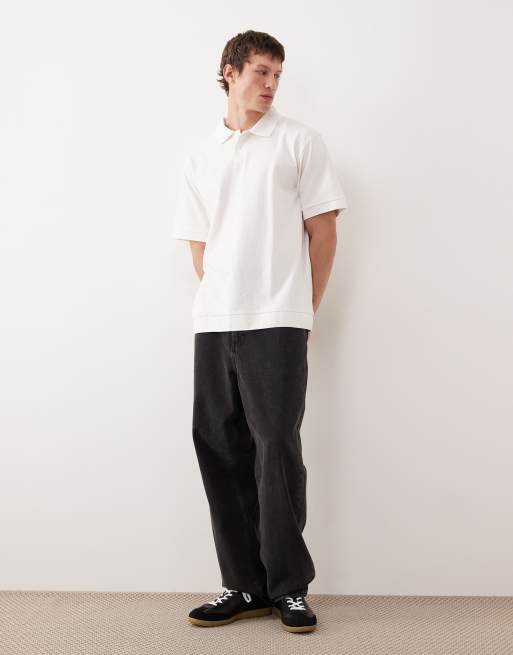 ASOS DESIGN – Relaxed-Fit-Poloshirt aus cremefarbenem Bouclé mit Bündchen am Ärmelabschluss, 2 von 5