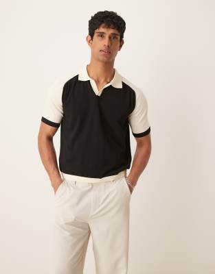 ASOS DESIGN relaxed fit premium knit polo shirt in black and white