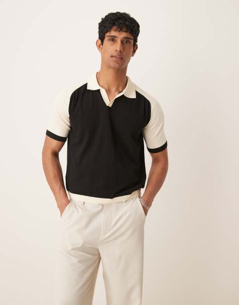ASOS DESIGN relaxed fit premium knitted polo in black and white - view 1