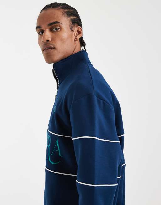 ASOS DESIGN relaxed fit printed quarter zip embroidered sweatshirt with piping in navy, 3 of 5