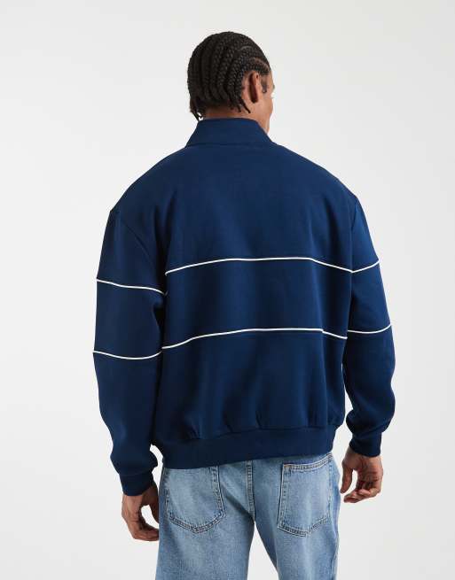ASOS DESIGN relaxed fit printed quarter zip embroidered sweatshirt with piping in navy, 5 of 5