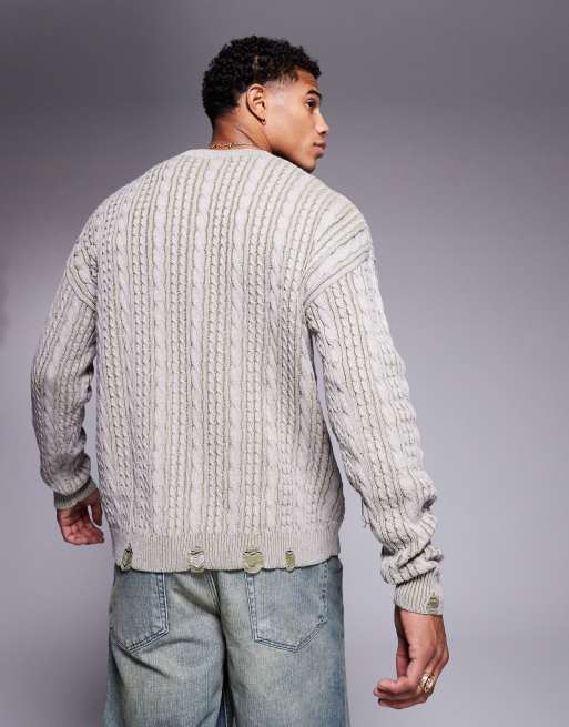ASOS DESIGN – Relaxed-Fit-Pullover aus plattiertem Strick in Grau und Khaki mit Zopfmuster und zerrissenem Saum, 3 von 4
