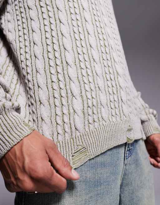 ASOS DESIGN – Relaxed-Fit-Pullover aus plattiertem Strick in Grau und Khaki mit Zopfmuster und zerrissenem Saum, 4 von 4