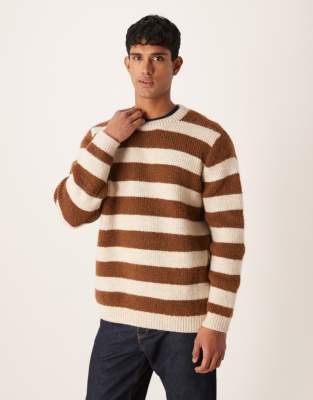 Relaxed-Fit-Pullover aus Strick in Braun und Beige gestreift mit Rundhalsausschnitt-Bunt Bunt L