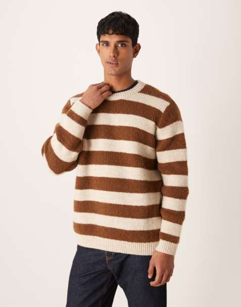 ASOS DESIGN – Relaxed-Fit-Pullover aus Strick in Braun und Beige gestreift mit Rundhalsausschnitt - view 1