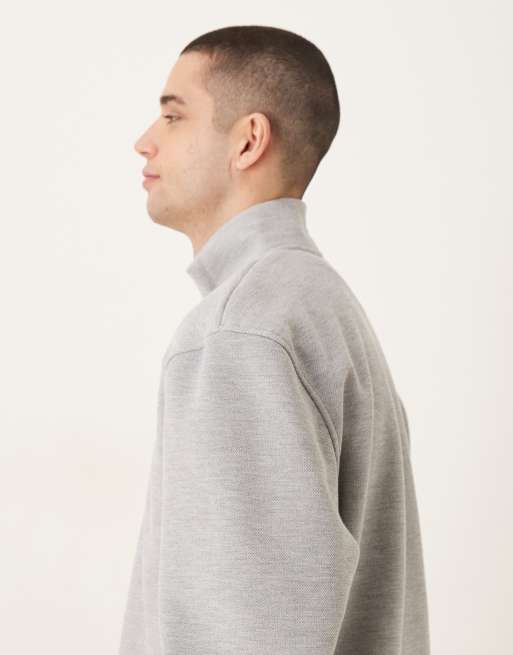 ASOS DESIGN relaxed fit quarter zip brushback piqué sweatshirt in heather gray, 4 of 5