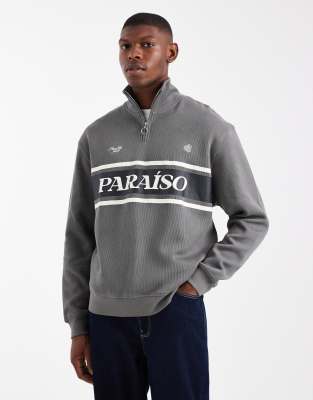 Asos Design Relaxed Fit Quarter Zip Ribbed Sweatshirt With Sporty Print-grey In Gray