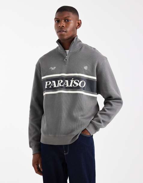 ASOS DESIGN relaxed fit quarter zip ribbed sweatshirt with sporty print - view 1