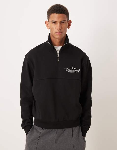 ASOS DESIGN relaxed fit quarter zip sweatshirt with text print in charcoal - view 1