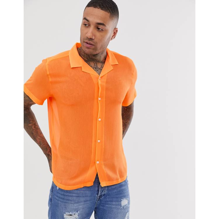 ASOS DESIGN relaxed fit revere collar sheer shirt in neon orange