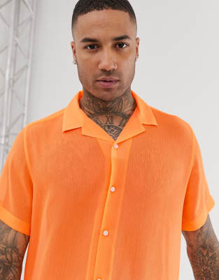 ASOS DESIGN relaxed fit revere collar sheer shirt in neon orange