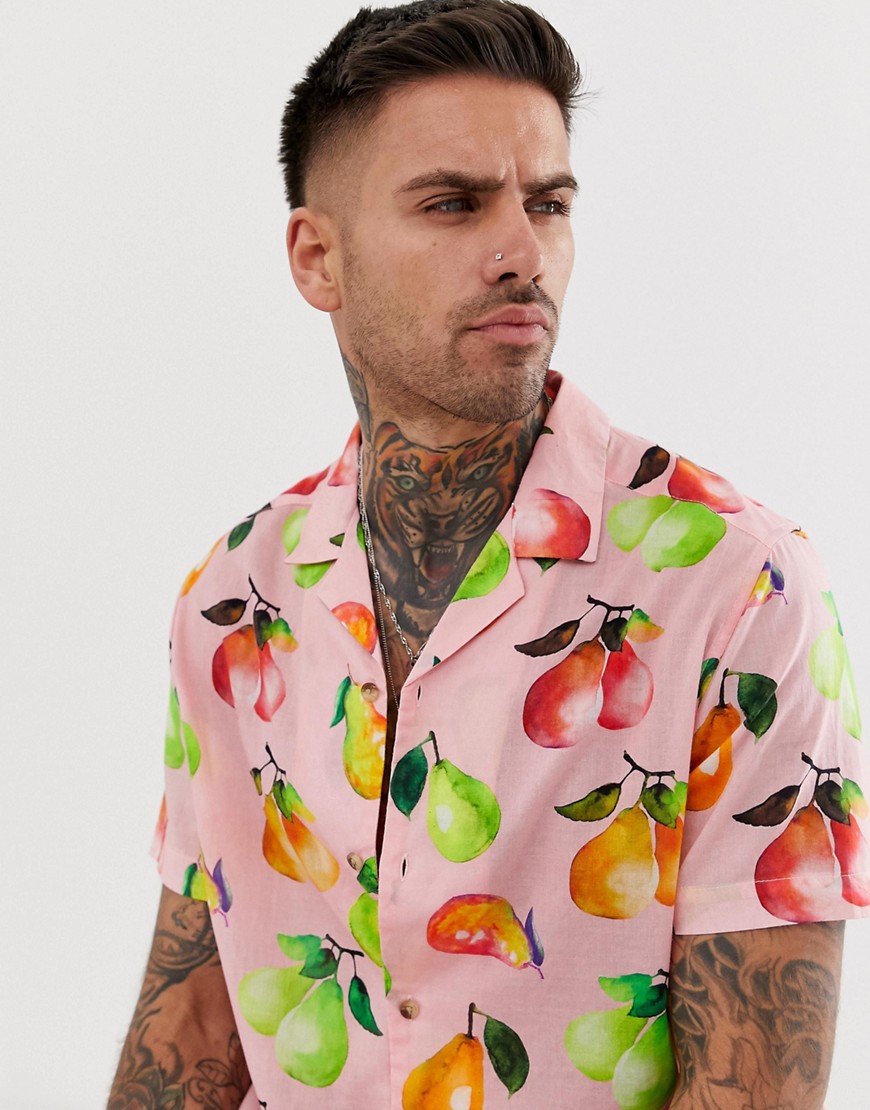 ASOS DESIGN relaxed fit revere collar shirt with pear print-Pink