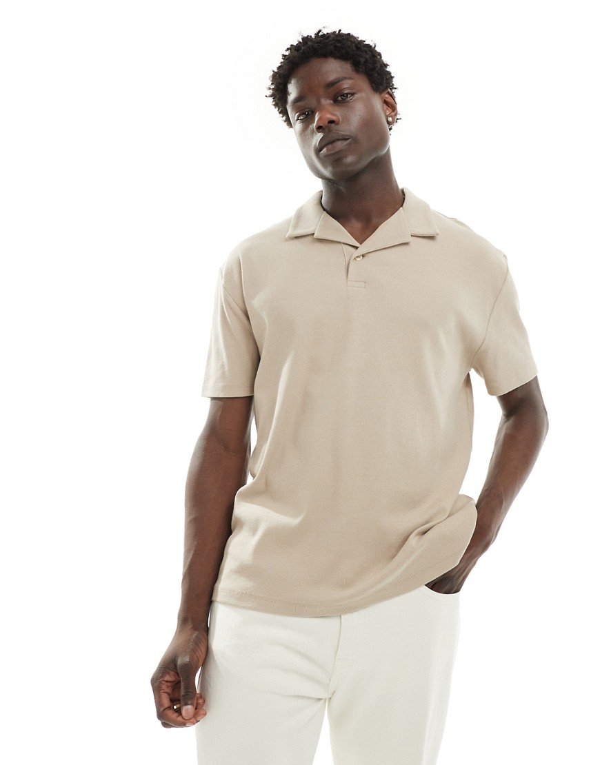 Asos Design Relaxed Fit Revere Rib Polo In Beige-neutral