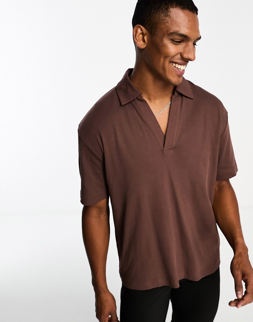 Asos Design Relaxed Fit Rib Polo With Deep Revere In Brown