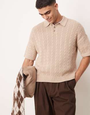 ASOS DESIGN relaxed fit ribbed knit polo in stone-Neutral