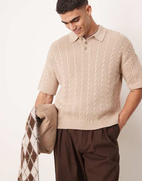 ASOS DESIGN relaxed  fit ribbed knitted polo in stone  - view 1