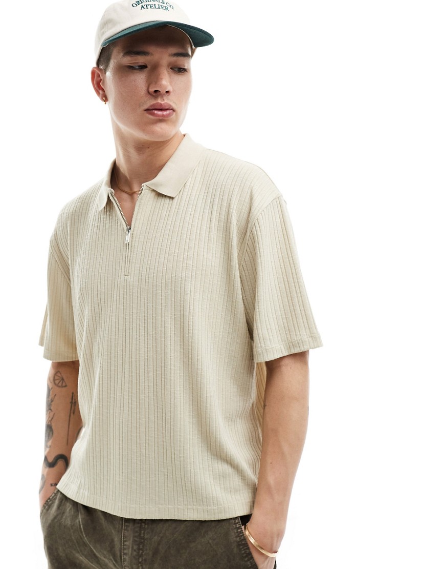 Asos Design Relaxed Fit Ribbed Polo With Zip Up Collar In Stone-neutral