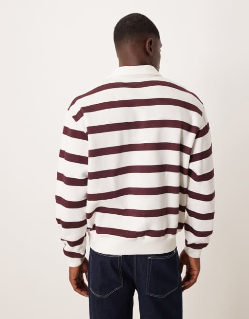 ASOS DESIGN relaxed fit rugby polo sweatshirt in stripe cream and red, 3 of 5