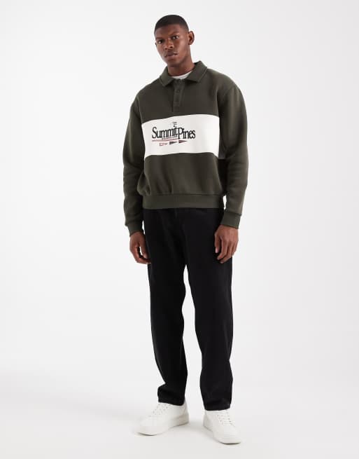 ASOS DESIGN relaxed fit rugby polo sweatshirt with color blocking and print in green