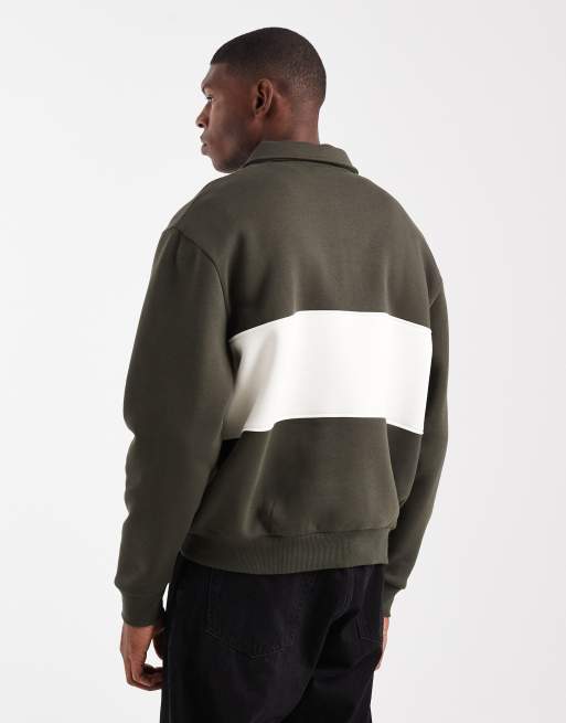 ASOS DESIGN relaxed fit rugby polo sweatshirt with color blocking and print in green