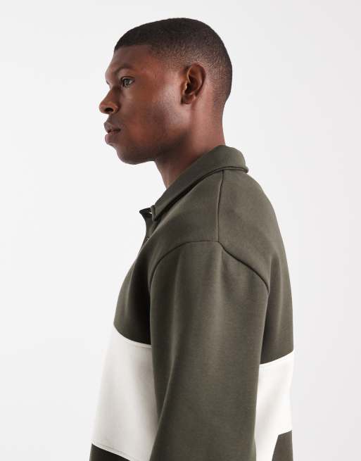 ASOS DESIGN relaxed fit rugby polo sweatshirt with color blocking and print in green