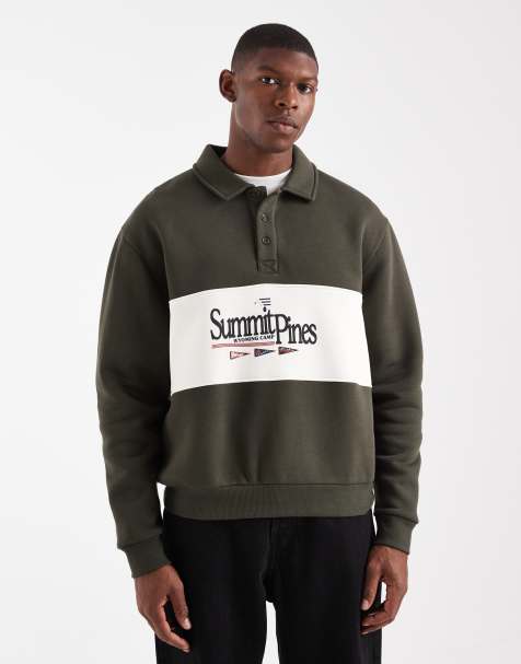 ASOS DESIGN relaxed fit rugby polo sweatshirt with colour blocking and print in green - view 1