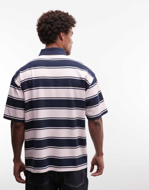 ASOS DESIGN – Relaxed-Fit-Rugby-Polohemd aus Pikee in gestreiftem Rosa, 3 von 5