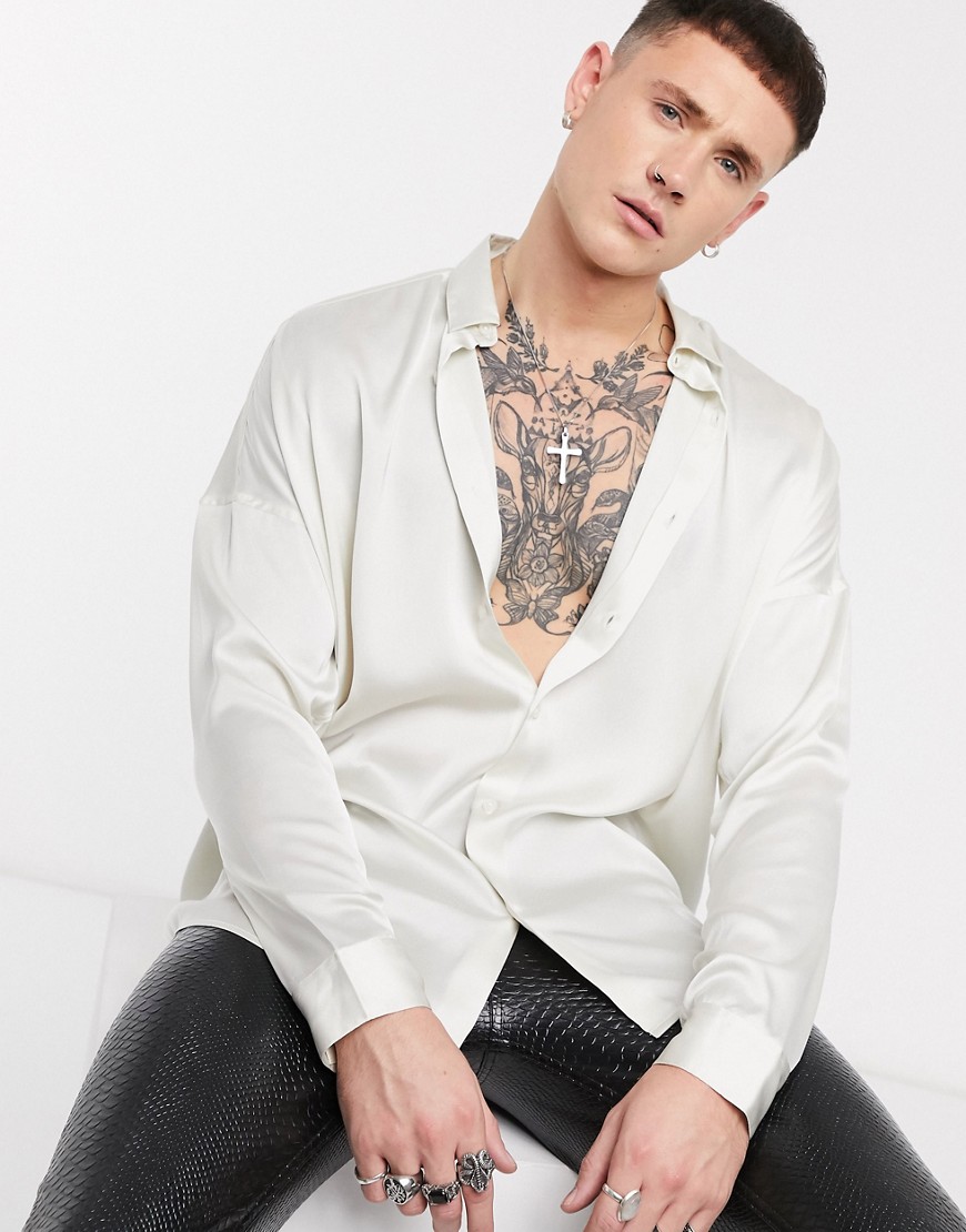 ASOS DESIGN relaxed fit satin shirt in off white