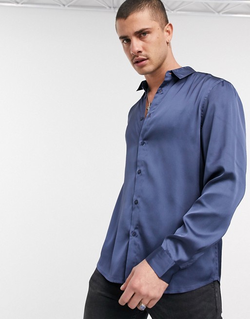 ASOS DESIGN relaxed fit satin shirt in petrol blue