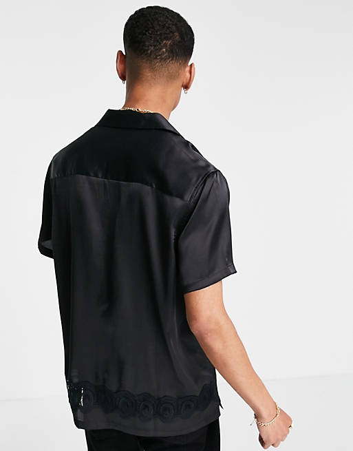  relaxed fit satin shirt with revere collar and lace cut out border in black 