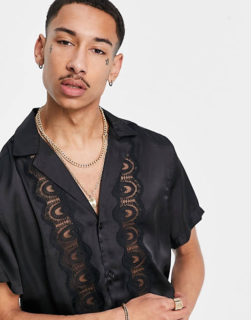  relaxed fit satin shirt with revere collar and lace cut out border in black 