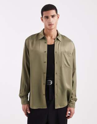 Relaxed-Fit-Satinhemd in Khaki-Grün Grün S
