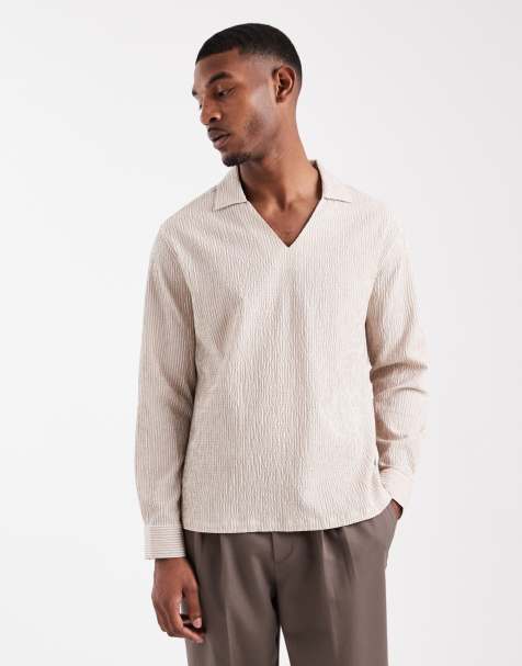 ASOS DESIGN – Relaxed-Fit-Schlupfhemd aus Seersucker in gestreiftem Beige - view 1