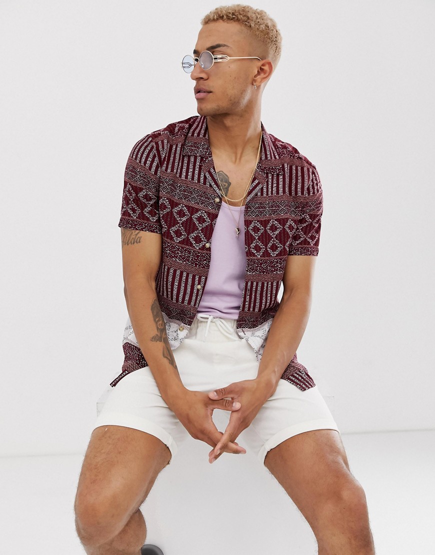 ASOS DESIGN relaxed fit shirt in aztec print with revere collar-Red