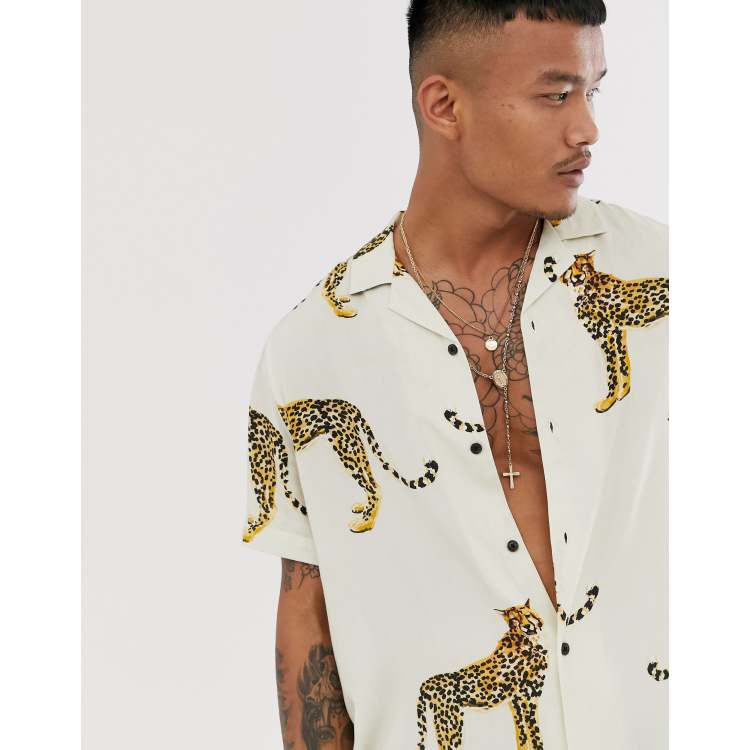 ASOS DESIGN relaxed fit shirt in ecru with cheetah print