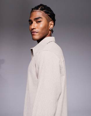 Asos Design Relaxed Fit Shirt With Crinkle Texture In Neutral