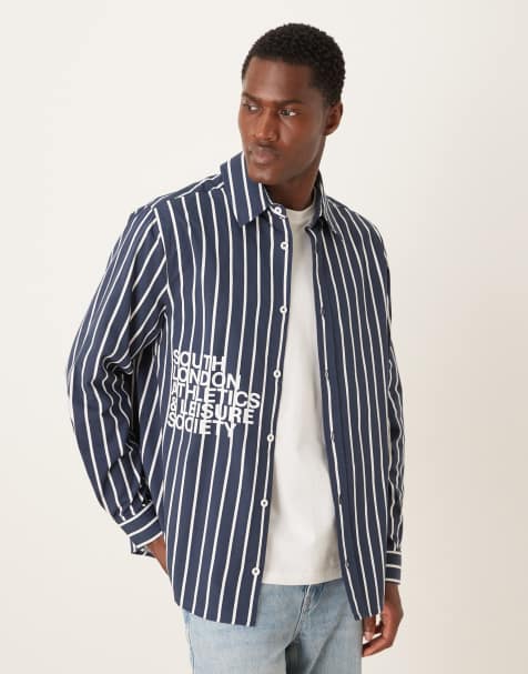 ASOS DESIGN relaxed fit shirt with print detail in navy stripe - view 1