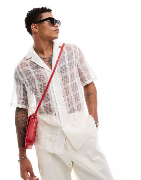 ASOS DESIGN relaxed fit short sleeve revere collar sheer check shirt in white - view 1