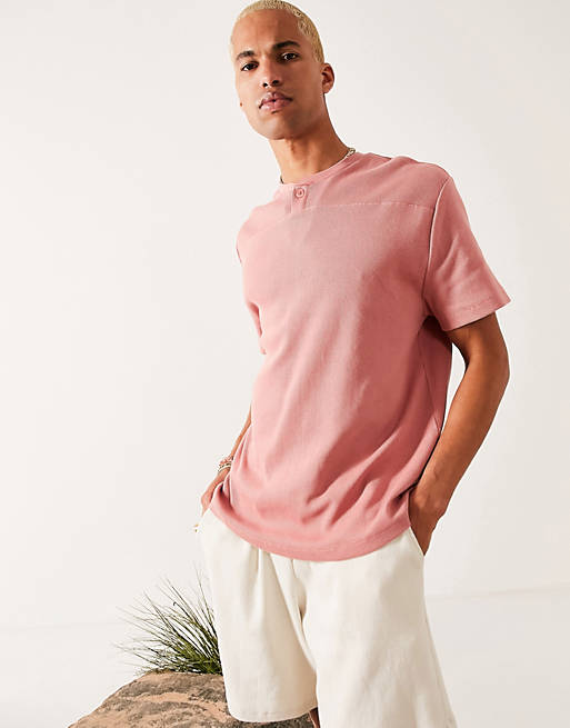 ASOS DESIGN relaxed fit short sleeve waffle t-shirt with grandad collar in pink