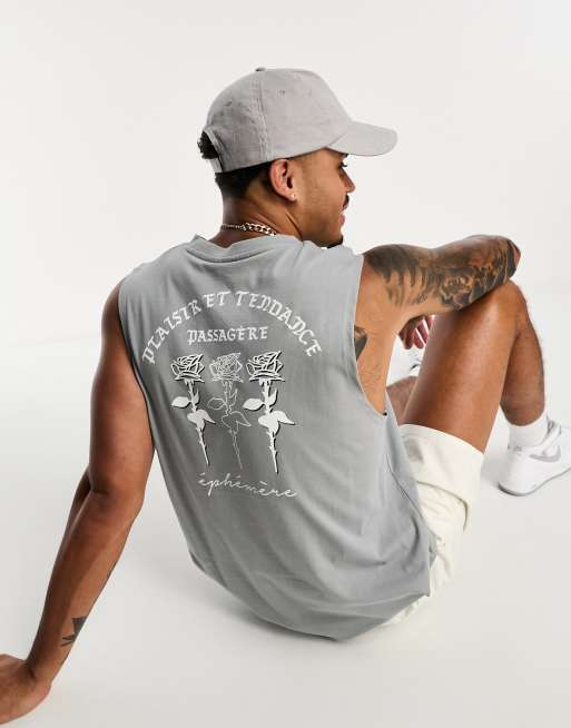 ASOS DESIGN relaxed fit singlet in charcoal with rose back print