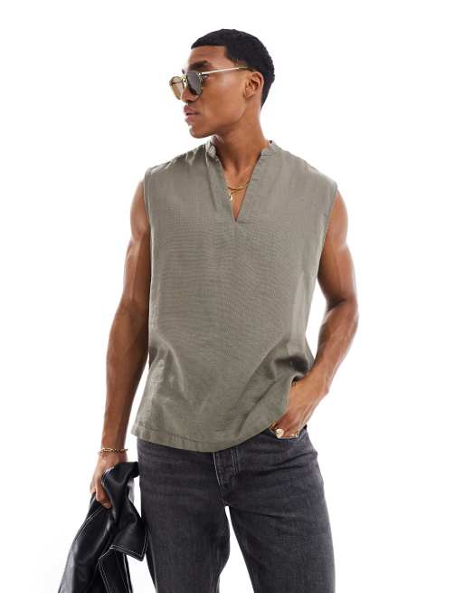 FhyzicsShops DESIGN relaxed fit sleeveless overhead basket texture wool shirt in grey