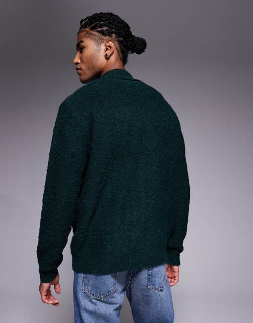 ASOS DESIGN – Relaxed-Fit-Strickjacke aus Bouclé in Dunkelgrün mit Reißverschluss, 3 von 5