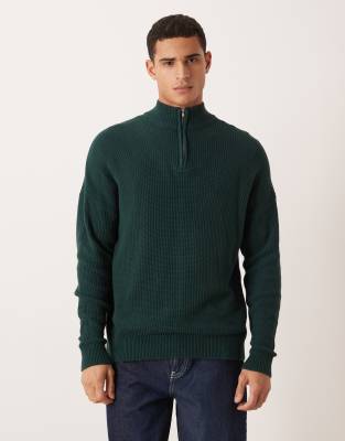 Relaxed-Fit-Strickpullover aus Pikee in Dunkelgrün mit Stehkragen Grün XS