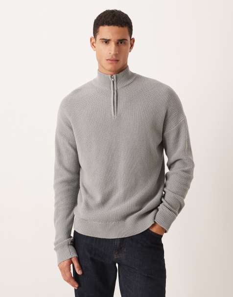 ASOS DESIGN – Relaxed-Fit-Strickpullover aus Pikee in Hellgrau mit Stehkragen - view 1